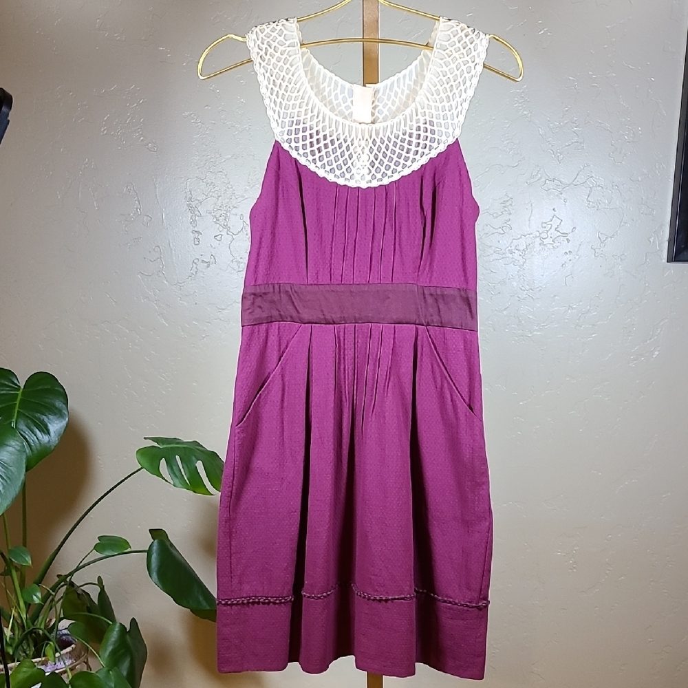 Anthropologie Floreat 100% Cotton Purple Dress with‎ Cream Lace Detail Si…